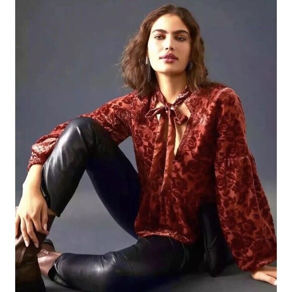 Anthropologie Women’s Velvet Burnout Floral Tie-Neck Blouse Rust Orange Medium - Picture 1 of 15